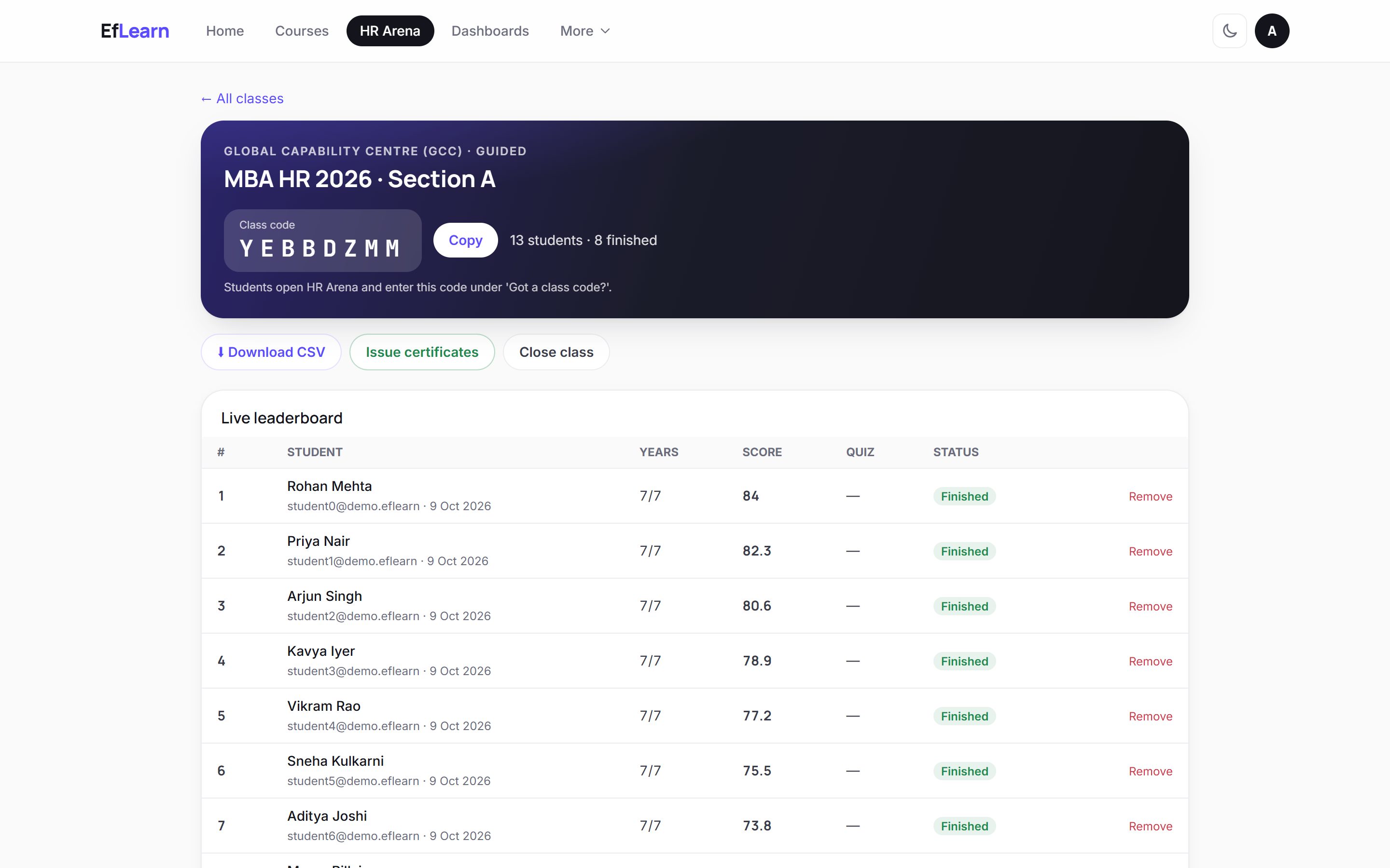 Facilitator view: class code and live leaderboard